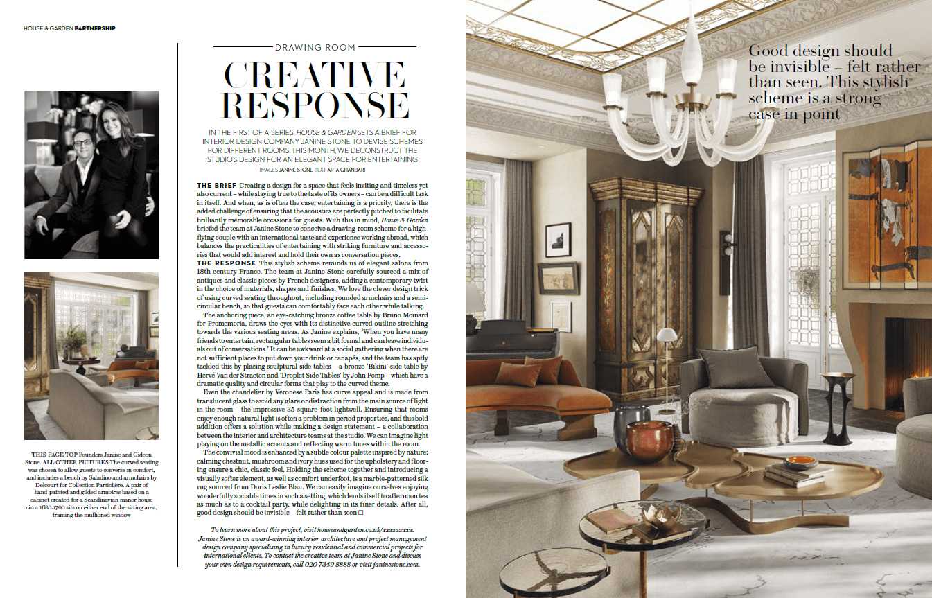Janine Stone & Co press feature — House & Garden magazine February 2020 'The Witty Response' editorial spread featuring a layered Janine Stone & Co kitchen interior.